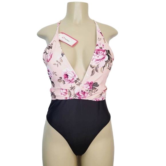 Pat Pat Womens Size XL Black & Pink Flowered Deep V-Neck One Piece Swimsuit NWT - Picture 1 of 9